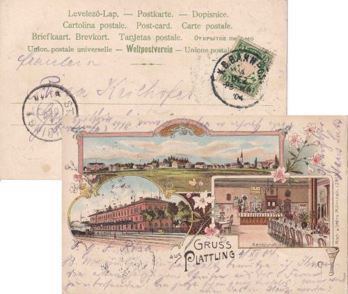 Bayern - Passau Regensburg Bahnpost-K1 Farblitho Plattling (Bahnhof u.a.) 1904