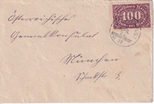 DR-Infla - Mainburg Freising Z38 Bahnpost-K1 Brief Mainburg - München 1923