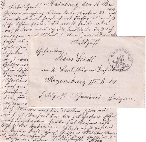 Bayern - Mainburg Wolnzach C2 Bahnpost-K1 Feldpostbrief n. Belgien Mainburg 1916