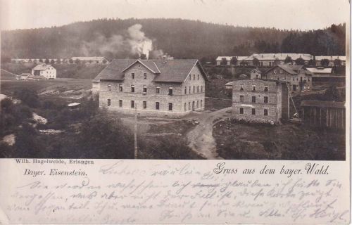 Bayern - Bayer. Eisenstein priv. Foto-Ansichtskarte (u.a. Bahnhof) gelaufen 1898