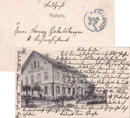 Bayern - Haidmühle Passau C2 Bahnpost-K1 AK Restauration Weber Waldkirchen 1915