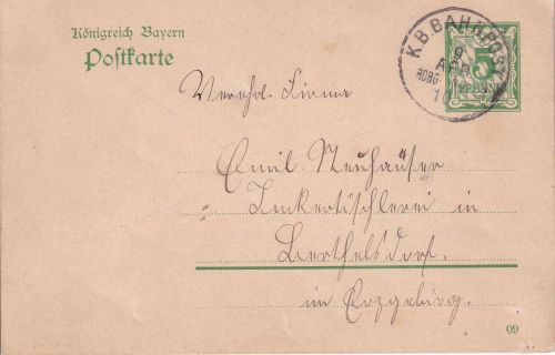 Bayern - Riedenburg Ingolstadt C3 Bahnpost-K1 5 Pfg. Ganzsache Riedenburg 1910