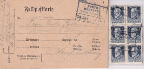 Bayern - Furth Nürnberg Zg 1129 Bahnpost-Ra4 Feldpostkarte Amberg - Lauf 1915