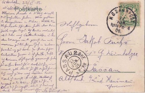 Bayern - Regensburg Passau 4 Bahnpost-K1 AK München (Osterhofen) - Passau 1906