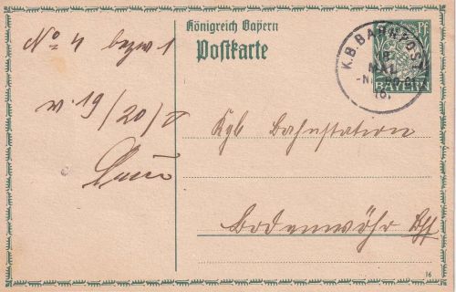 Bayern - Nittenau Bodenwöhr C1 Bahnpost-K1 5 Pfg. Ganzsache Mappach 1916
