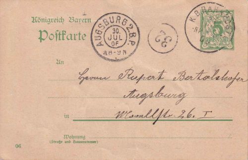 Bayern - Neukirchen Weiden C2 Bahnpost-K1 5 Pfg. Ganzsache Vilseck Augsburg 1906