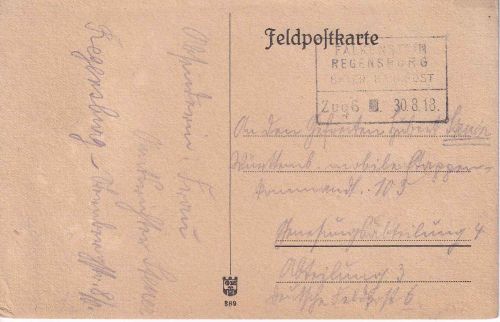 Bayern - Falkenstein Regensburg Zug 6 Bahnpost-Ra4 Feldpostkarte 1918