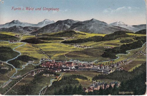 Bayern - Furth i. Wald Vogelperspektive (mit Bahnlinien) farb. AK gelaufen 1930