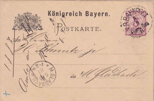 Bayern - Furth Nürnberg II Bahnpost-K1 5 Pfg. Ganzsache Amberg - M.Gladbach 1884