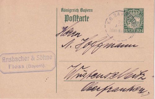 Bayern - Eslarn Weiden C2 Bahnpost-K1 7 1/2 Pfg. Ganzsache Floss 1917