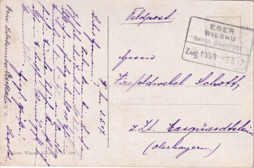 Bayern - Eger Wiesau Zug 1068 Bahnpost-Ra4 Feldpostkarte von Wiesau 1917