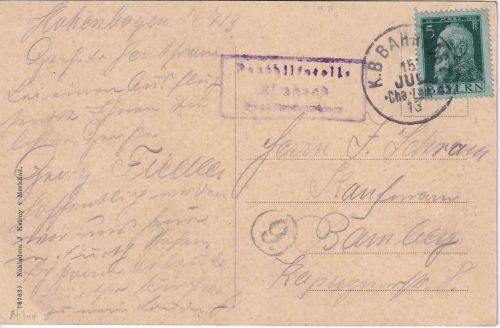 Bayern - Cham Lam C2 Bahnpost-K1 + PHSt Rimbach Karte Hohenbogen 1913