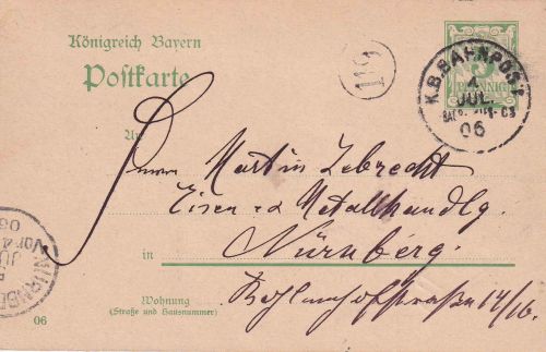 Bayern - Bärnau Wiesau C3 Bahnpost-K1 5 Pfg. Ganzsache Tirschenreuth 1906