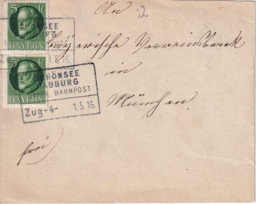 Bayern - Schönsee Nabburg Zug 4 Bahnpost-Ra4 Brief n. München 1916