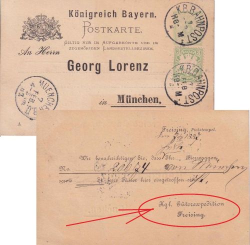 Bayern - Regensburg München Bahnpost-K1 3 Pfg. Ganzsache/Zudruck Freising 1887