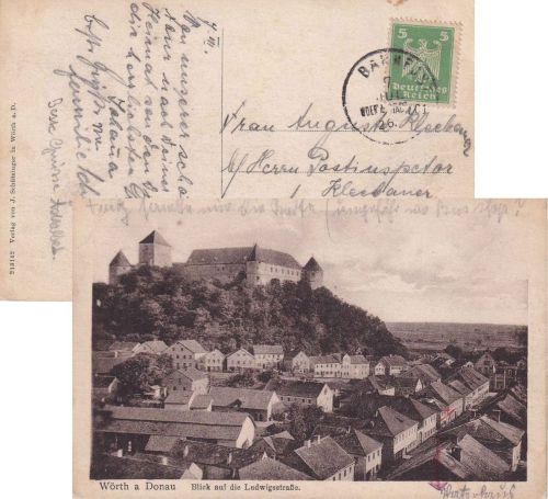DR - Wörth Stadtamhof C1 apt. Bahnpost-K1 AK Wörth - München 1924