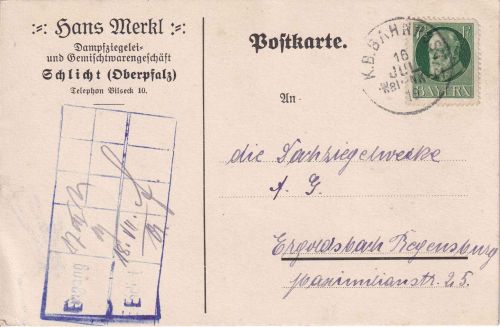 Bayern - Weiden Neukirchen C1 Bahnpost-K1 7 1/2 Pfg. Firmenkarte Schlicht 1919