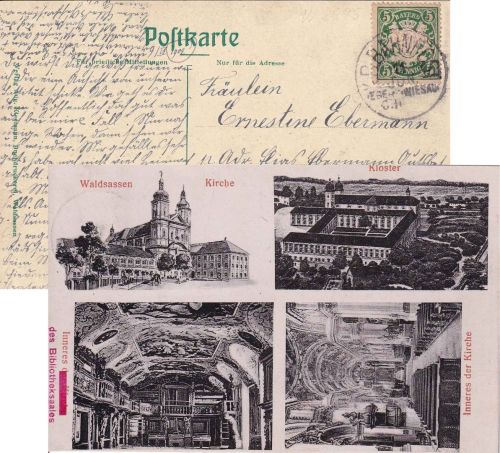 Bayern - Eger Wiesau CII Bahnpost-K1 AK Waldsassen - Könighain 1908