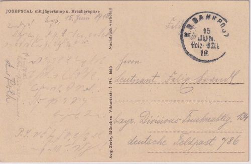 Bayern - Holzkirchen Bayrischzell Bahnpost-K1 Feldpostkarte (AK Josefstal) 1916