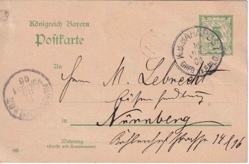 Bayern - Gräfenberg II Erlangen Bahnpost-K1 5 Pfg. Ganzsache Neunkirchen 1906