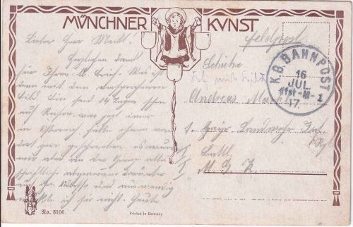 Bayern - Kufstein München 1 Bahnpost-K1 Feldpostkarte an Feldadresse 1917