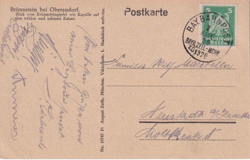 DR - Bayrischzell München ZG 1320 Bahnpost-K1 AK Brünnstein - Neustadt 1925