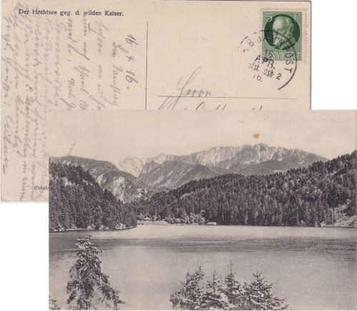 Bayern - Kufstein Rosenheim 2 Bahnpost-K1 AK Hechtsee (Kiefersfelden) 1916