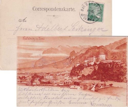 DR - Kufstein Rosenheim ZG 844 Bahnpost-K1 AK Kuftsein - Erfurt 1925