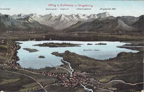 Bayern - Uffing Staffelsee (mit Bahnstrecke) farb. Felle-AK gelaufen 1916