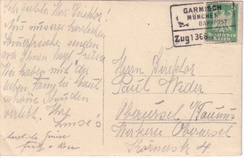 DR - Garmisch München Zug 1366 apt. Bahnpost-Ra4 AK Eibsee n. Oberursel 1925