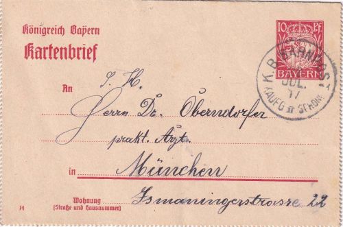 Bayern - Kaufering II Schongau Bahnpost-K1 10 Pfg. GA-Kartenbrief Asch 1917