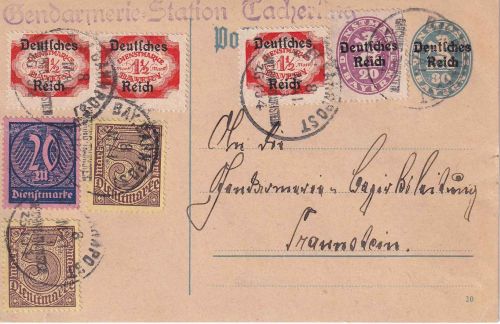 DR-Infla - Garching Traunstein ZG 104 Bahnpost-K1 Ganzsache Tacherting 1923