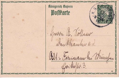 Bayern - München Garmisch 3 Bahnpost-K1 5 Pfg. Ganzsache n. Freimann 1914
