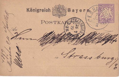 Bayern - München Frankfurt II Bahnpost-K1 5 Pfg. Ganzsache München 1879