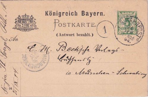 Bayern - München Nürnberg 3 Bahnpost-K1 5 Pfg. GA/F-Teil Roth - München 1894