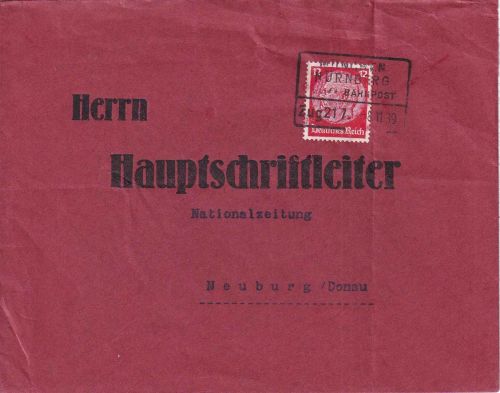 DR - München Nürnberg Zug 217 Bahnpost-Ra4 Brief n. Neuburg 1931