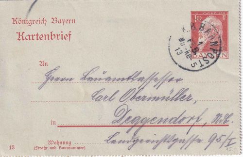 Bayern - München Regensburg 5 Bahnpost-K1 10 Pfg. GA-Kartenbrief München 1913