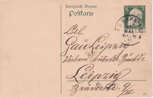 Bayern - München Regensburg 6 Bahnpost-K1 5 Pfg. Ganzsache Freising Leipzig 1911