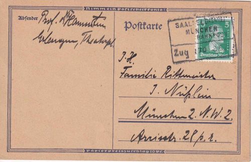 DR - Saalfeld (Saale) München Zug 170 Bahnpost-Ra4 Karte Erlangen - München 1927