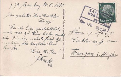 DR - Saalfeld München Zug 170 apt. Bahnpost-Ra4 Karte Bamberg - Wangen 1938