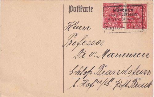 DR-Infla - München Saalfeld (Saale) Zug 169 Bahnpost-Ra4 Karte Augsburg Hof 1922
