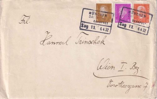 DR - München Salzburg Zug 13 apt. Bahnpost-Ra4 Brief n. ÖSTERREICH München 1932