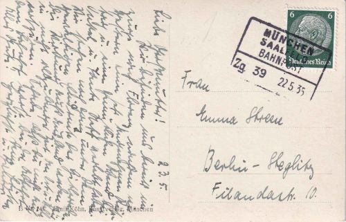 DR - München Saalfeld Zg. 39 Bahnpost-Ra4 Karte München - Berlin 1938