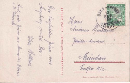 DR - Ulm München ZG 907 Bahnpost-K1 AK Augsburg - München 1925