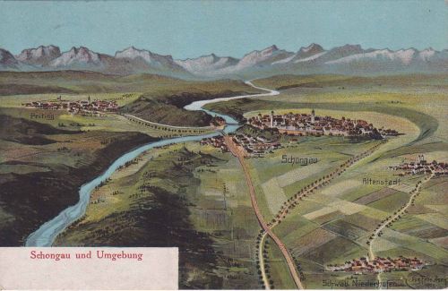 Bayern - Schongau u. Umgebung farb. Felle-AK (1909) gelaufen Schongau 1920