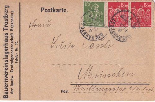 DR-Infla - Traunstein Garching Zg. 47 Bahnpost-K1 Karte Trostberg - München 1923