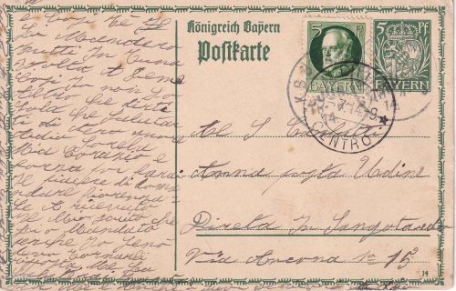Bayern - Thann Matzbach Haag 3 Bahnpost-K1 GA n. ITALIEN Lengdorf (?) 1914
