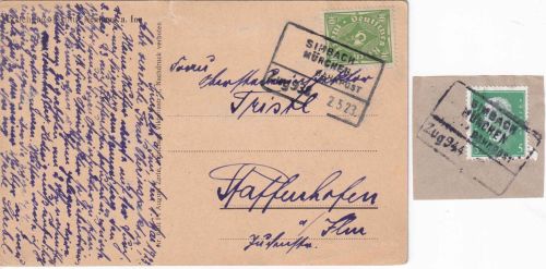 DR-Infla - Simbach München Zug 938 apt. Bahnpost-Ra4 Karte Simbach 1923