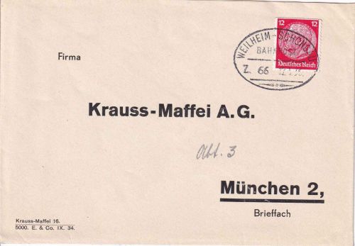 DR - Weilheim Schongau Z. 66 Oval-Bahnpost Brief n. München 1936