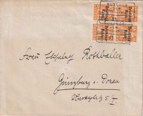 DR-Infla - München Ulm Zg. 52 Bahnpost-Ra4 Brief n. Günzburg 1920